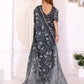 Charcoal Grey Floral Printed Chanderi Saree