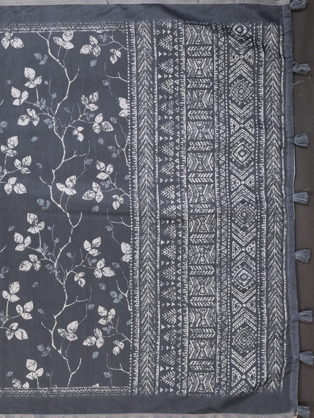 Charcoal Grey Floral Printed Chanderi Saree