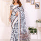 White & Black Multi-Pattern Digital Printed Chanderi Saree