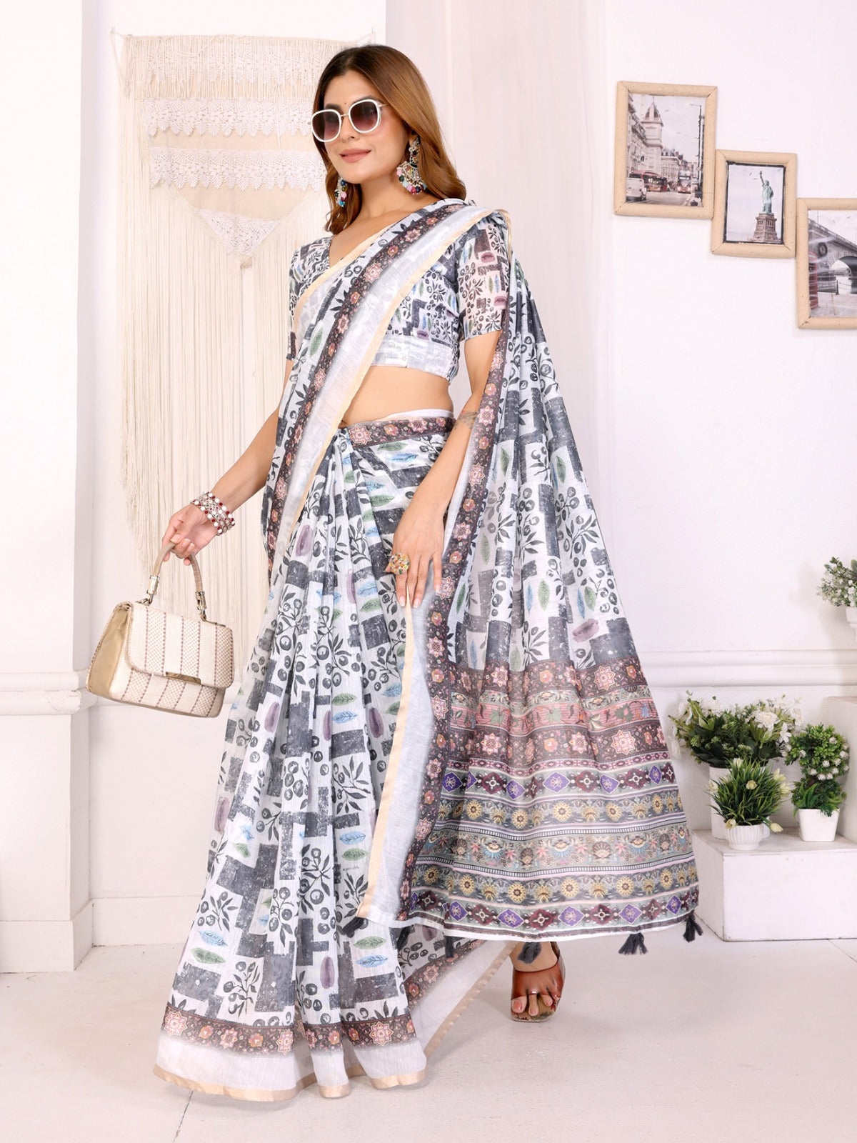 White & Black Multi-Pattern Digital Printed Chanderi Saree