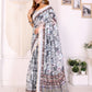 White & Black Multi-Pattern Digital Printed Chanderi Saree