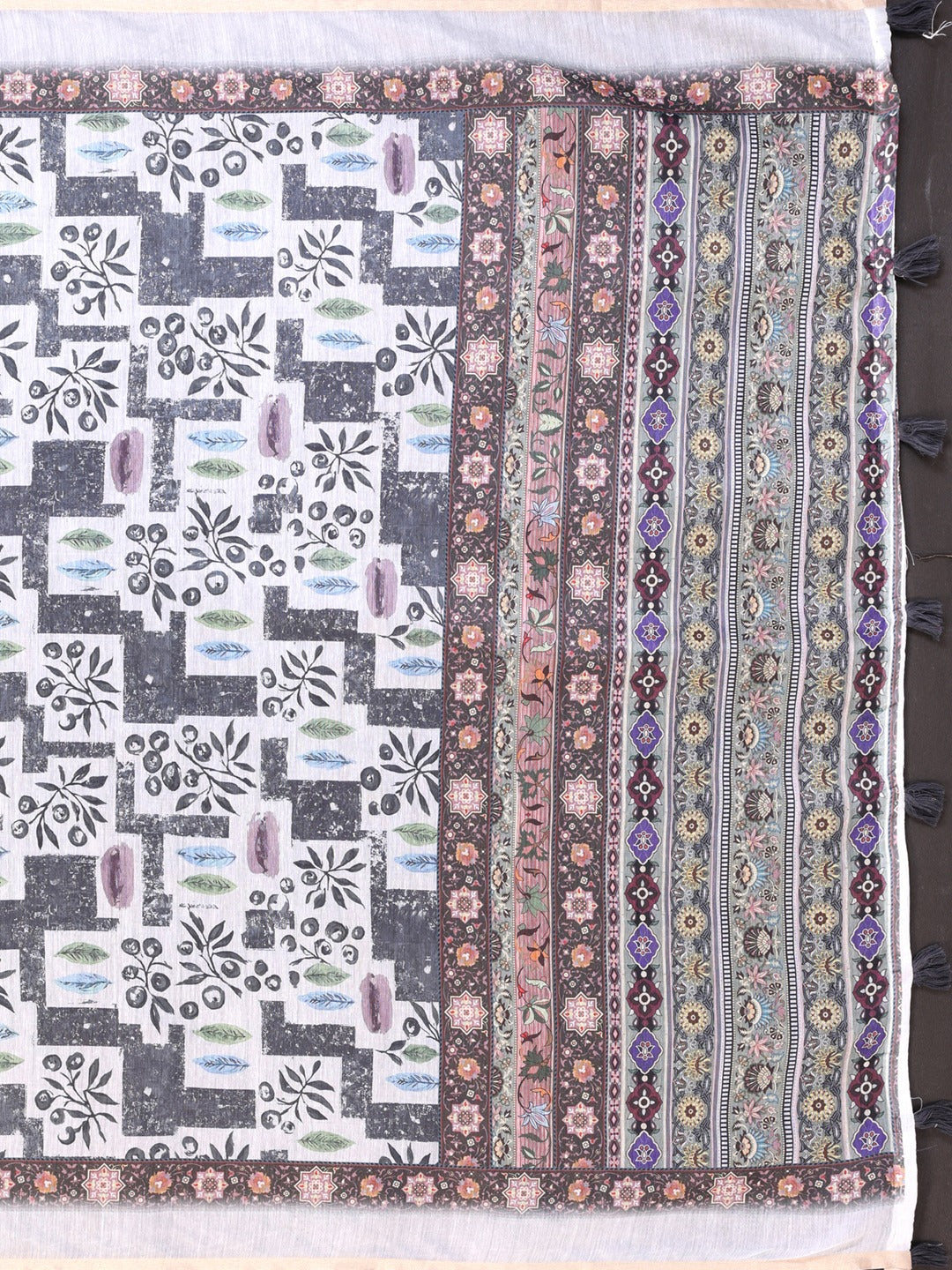 White & Black Multi-Pattern Digital Printed Chanderi Saree