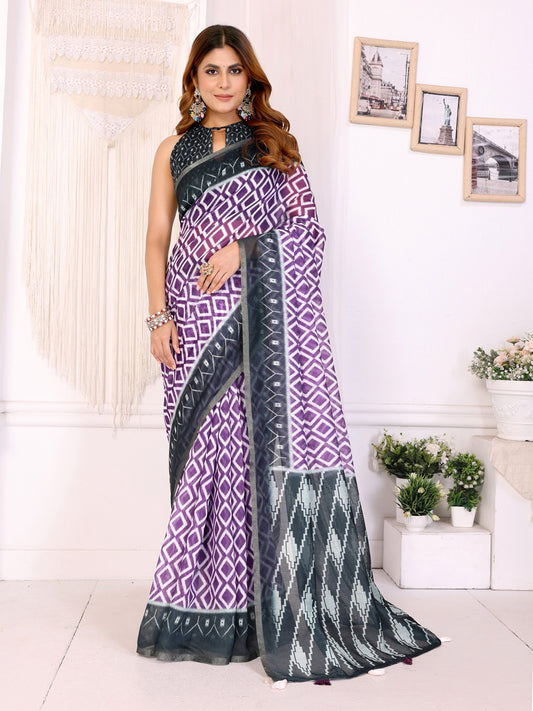 Purple & Black Ikat Printed Chanderi Saree