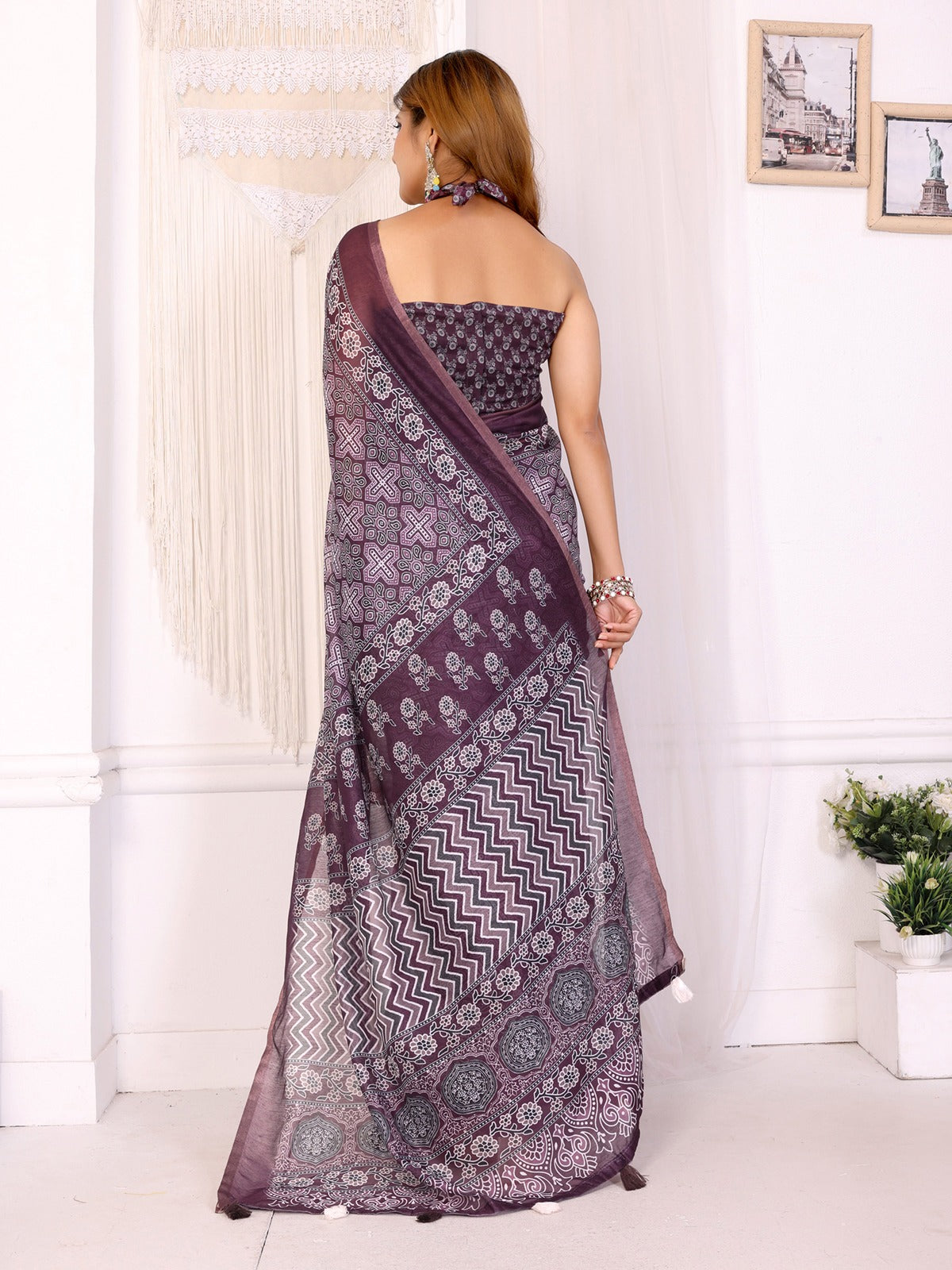 Wine Purple Traditional Printed Chanderi Saree