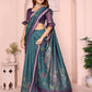 Teal Blue & Purple Black Chanderi Saree