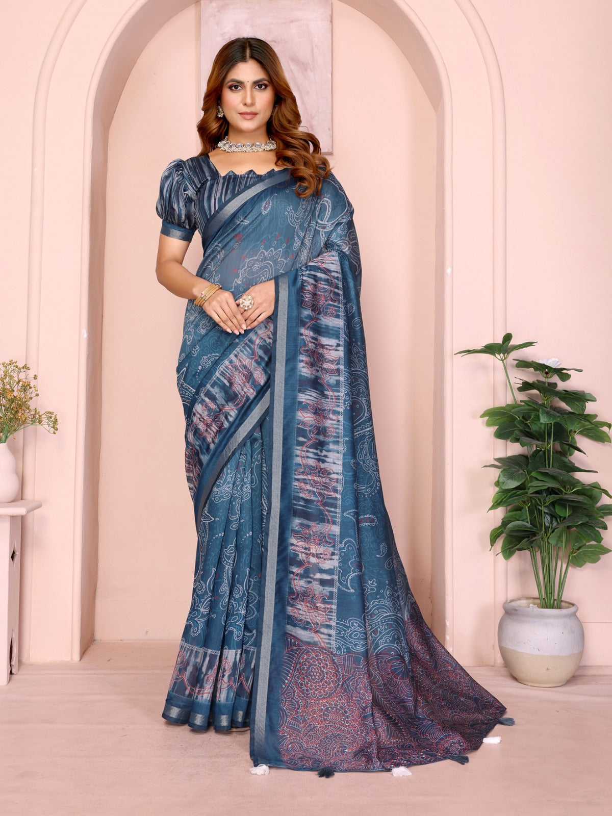 Blue Printed Black Chanderi Saree