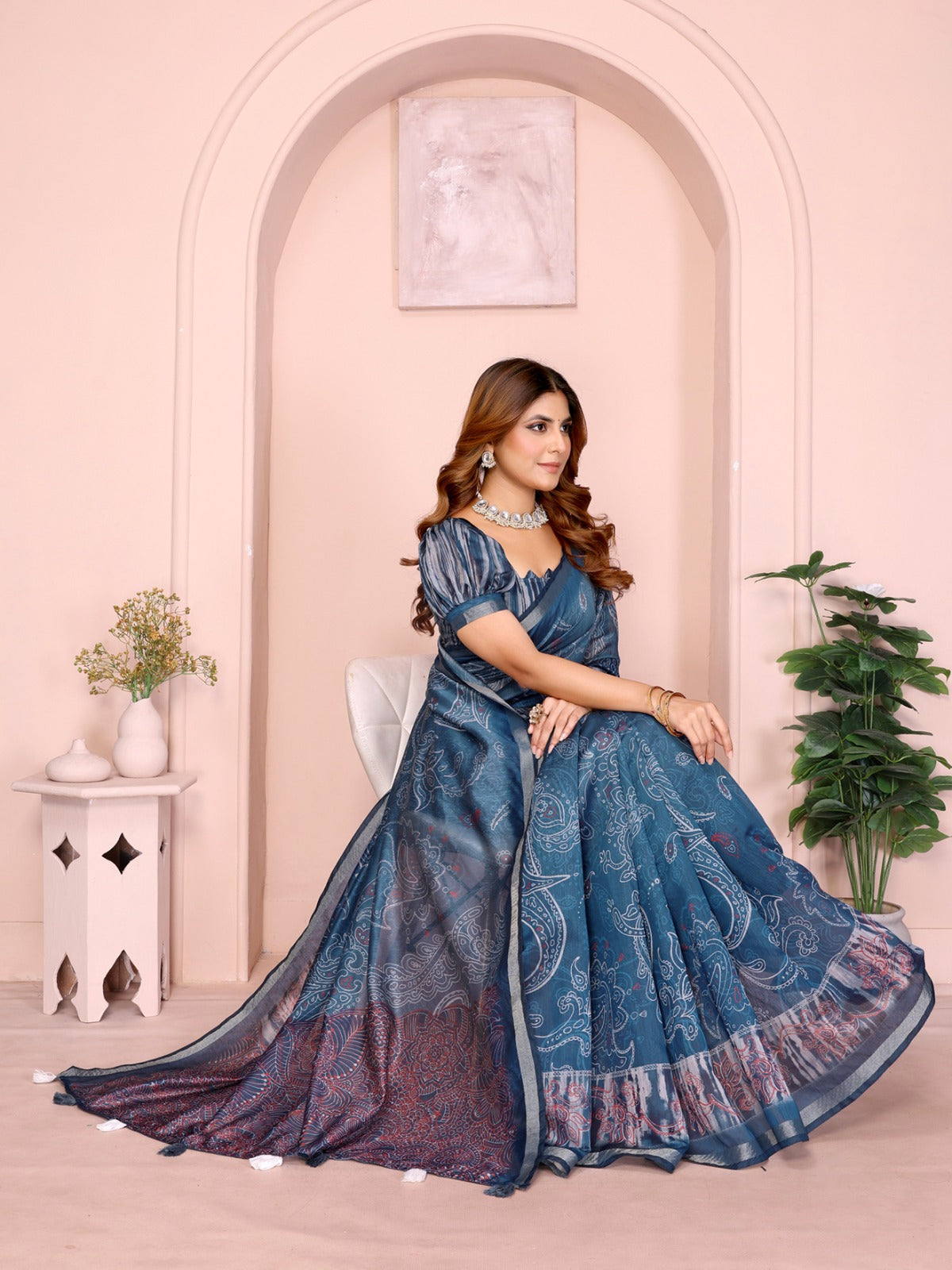 Blue Printed Black Chanderi Saree