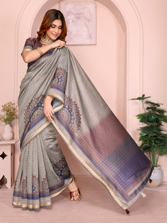 Grey Checked Black Chanderi Saree