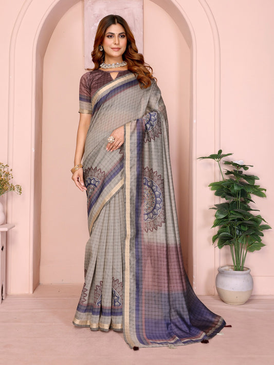 Grey Checked Black Chanderi Saree