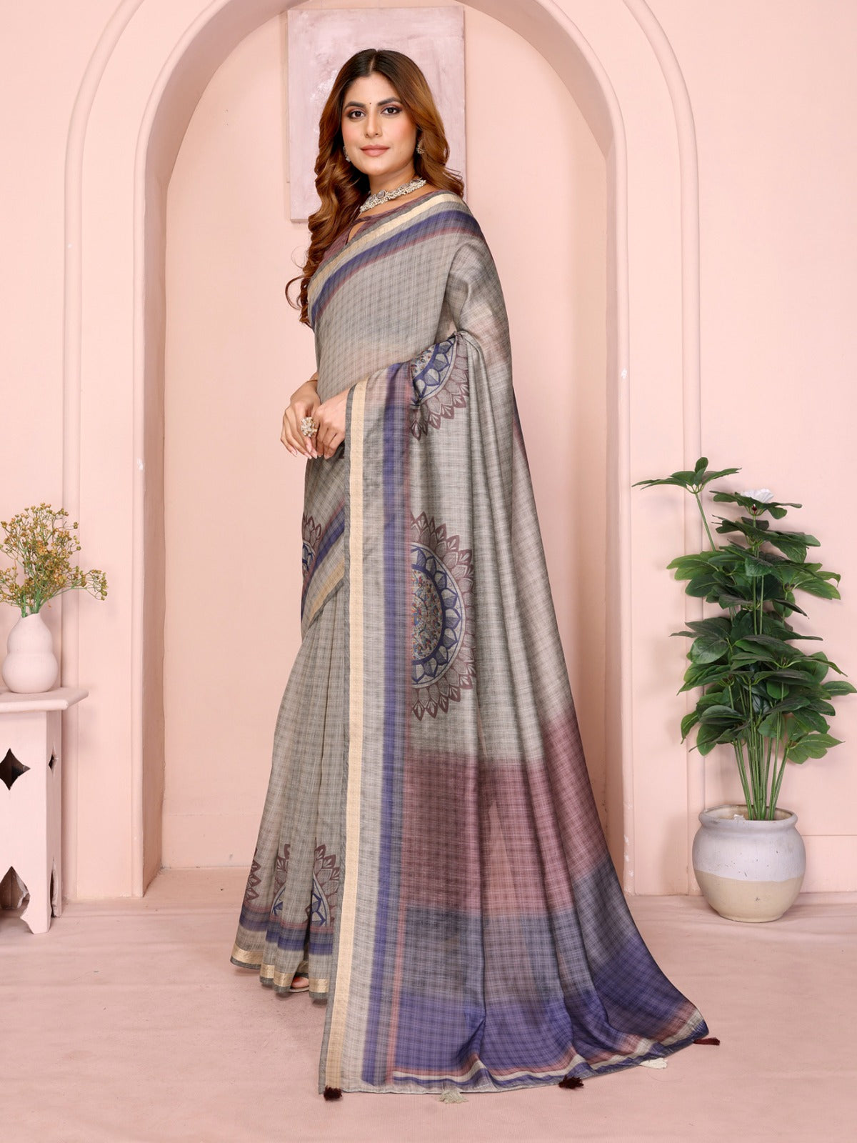 Grey Checked Black Chanderi Saree