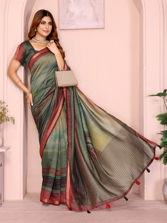 Green & Maroon Black Chanderi Saree