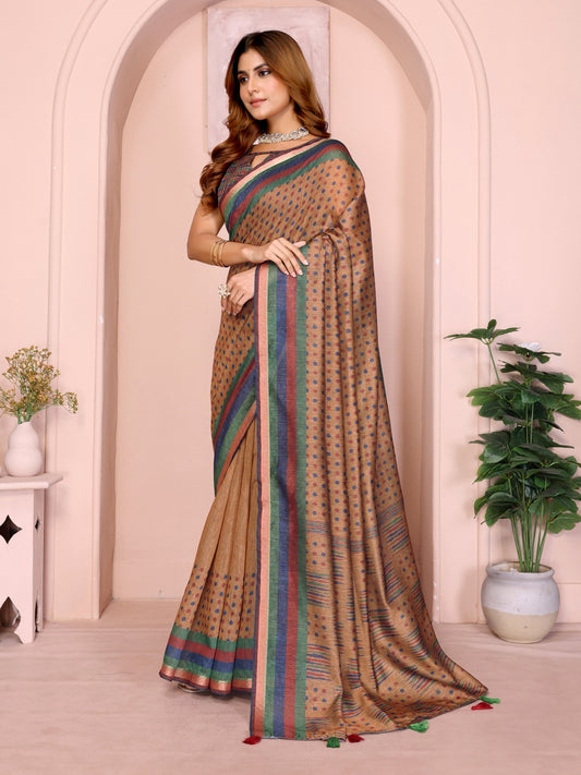 Mustard Brown Geometric Black Chanderi Saree