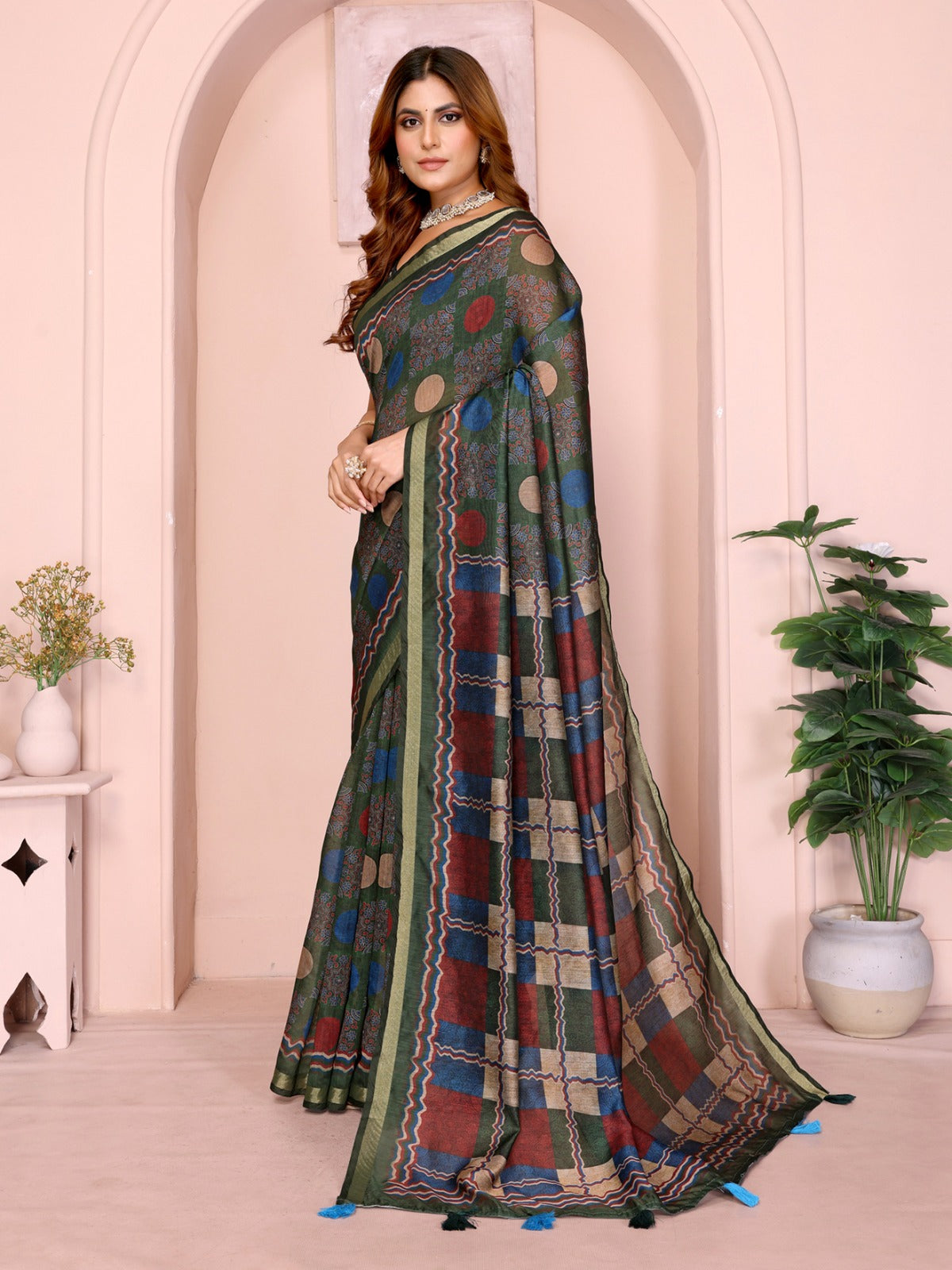 Dark Green Multicolor Checkered Black Chanderi Saree