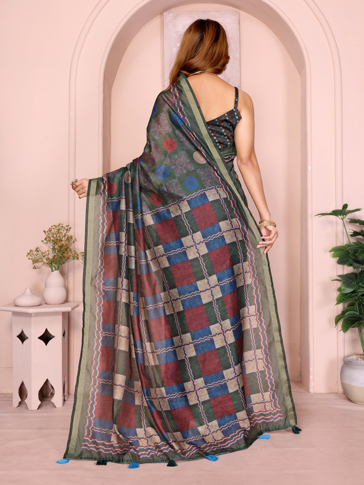Dark Green Multicolor Checkered Black Chanderi Saree