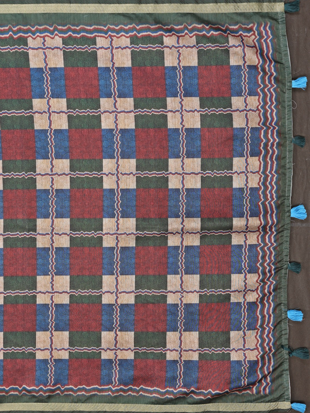 Dark Green Multicolor Checkered Black Chanderi Saree