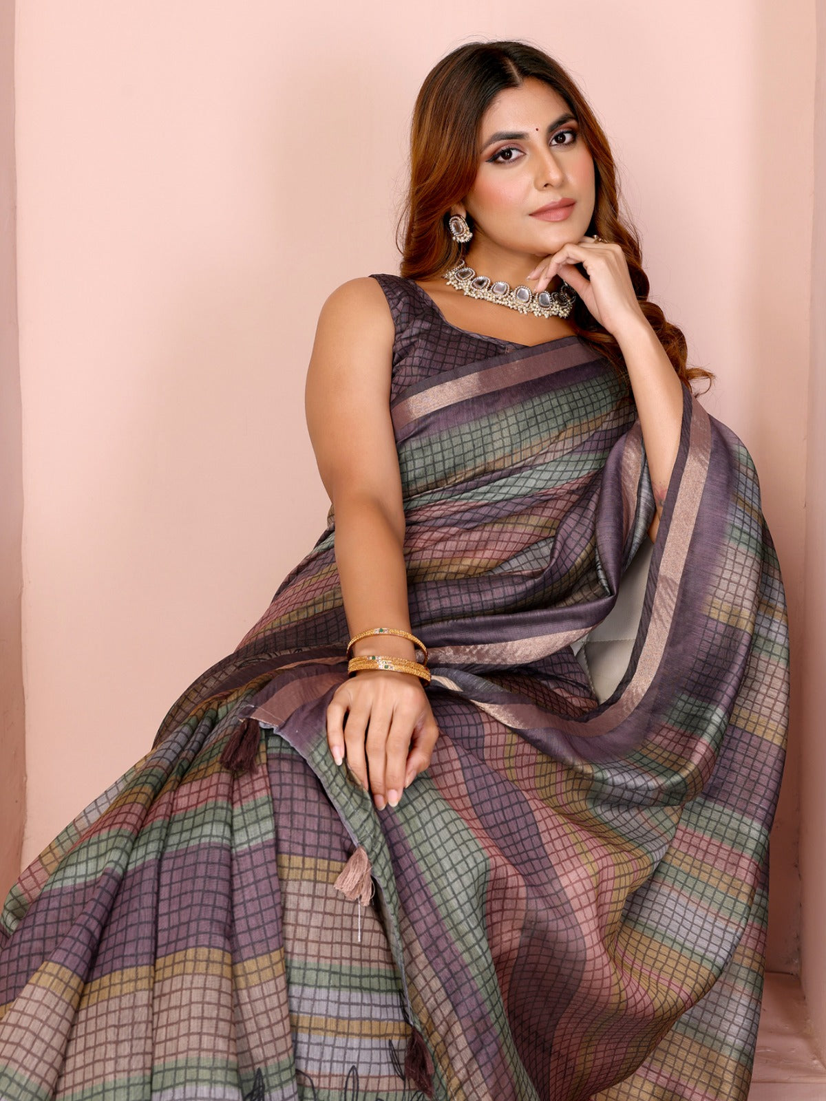 Pastel Multicolor Checked Black Chanderi Saree