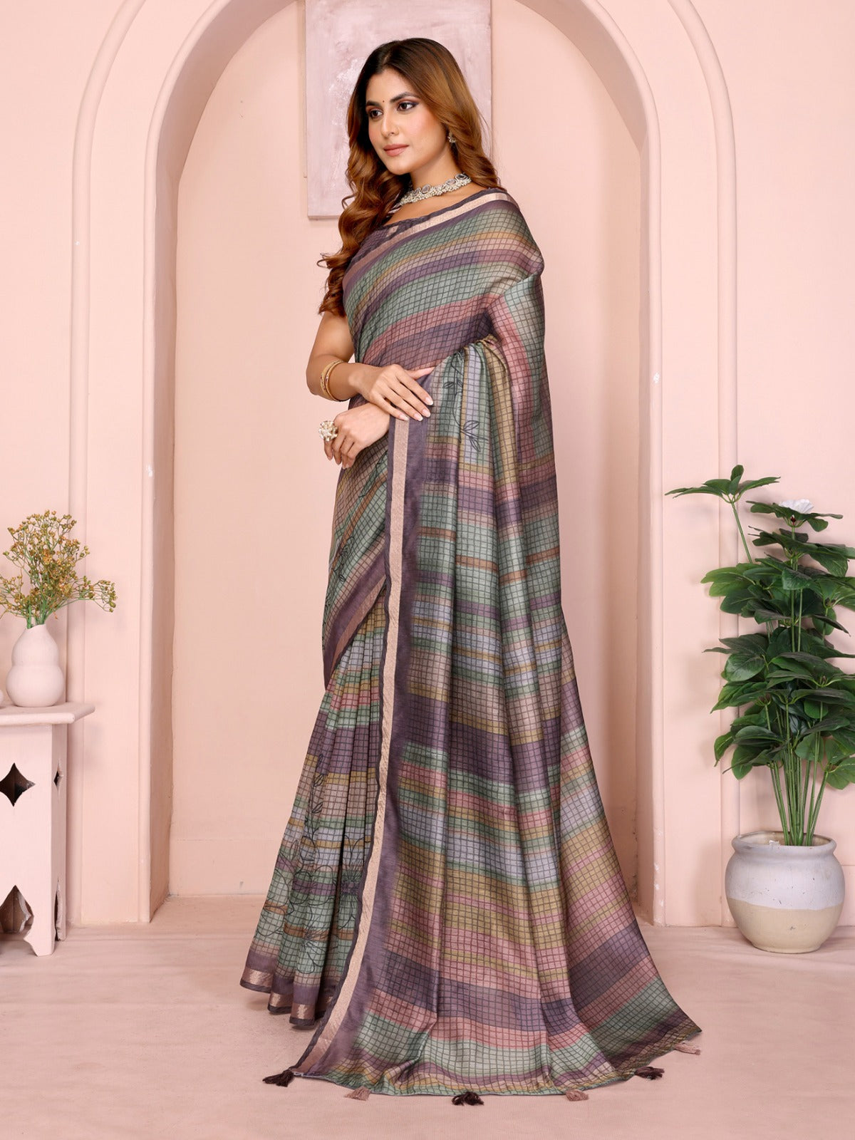 Pastel Multicolor Checked Black Chanderi Saree