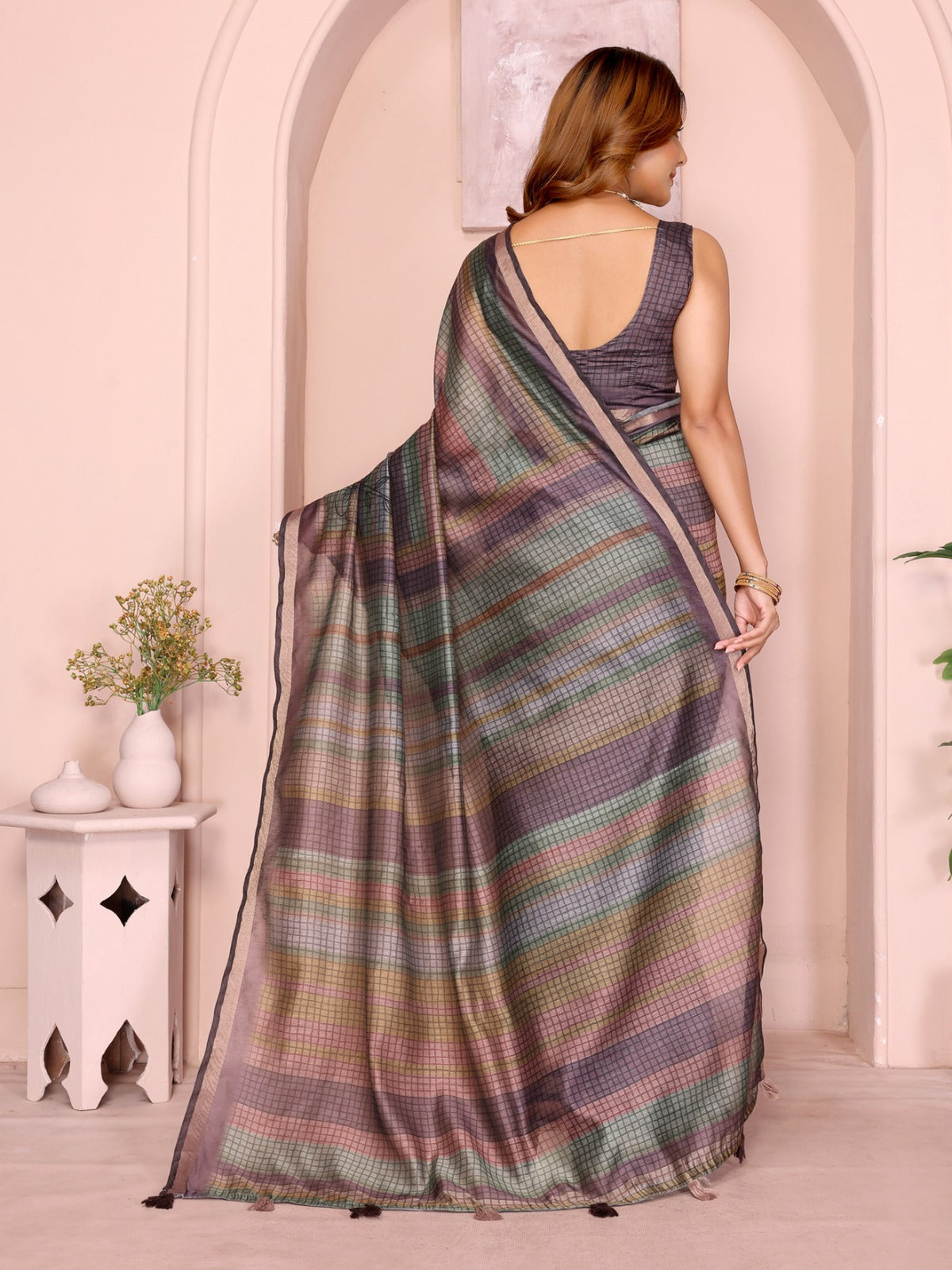Pastel Multicolor Checked Black Chanderi Saree