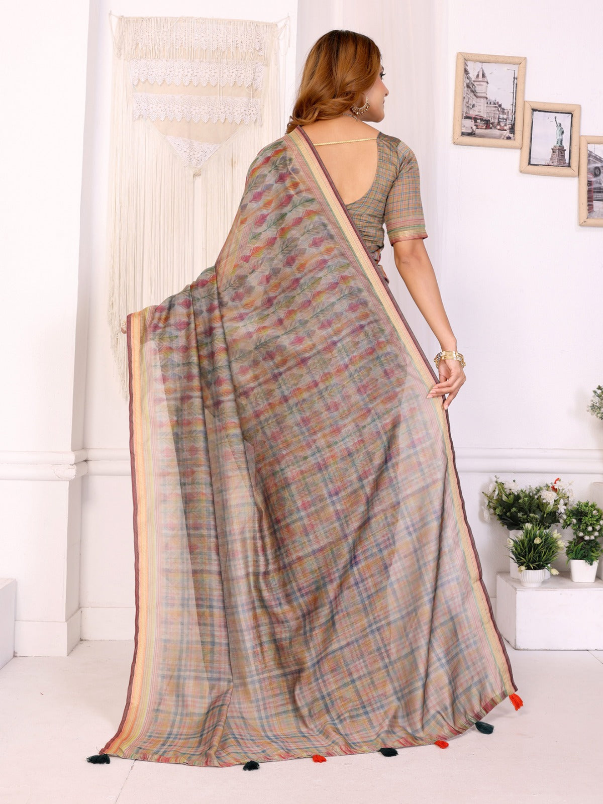 Vibrant Geometric Weaves Chanderi Saree with Contrasting Striped Border