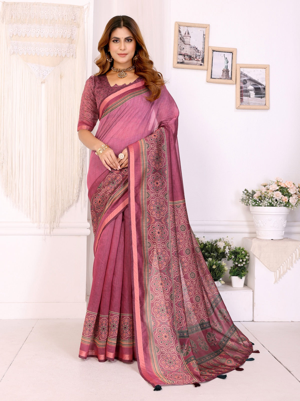 Rosewood Elegance Chanderi Saree with Ethnic Motif Border