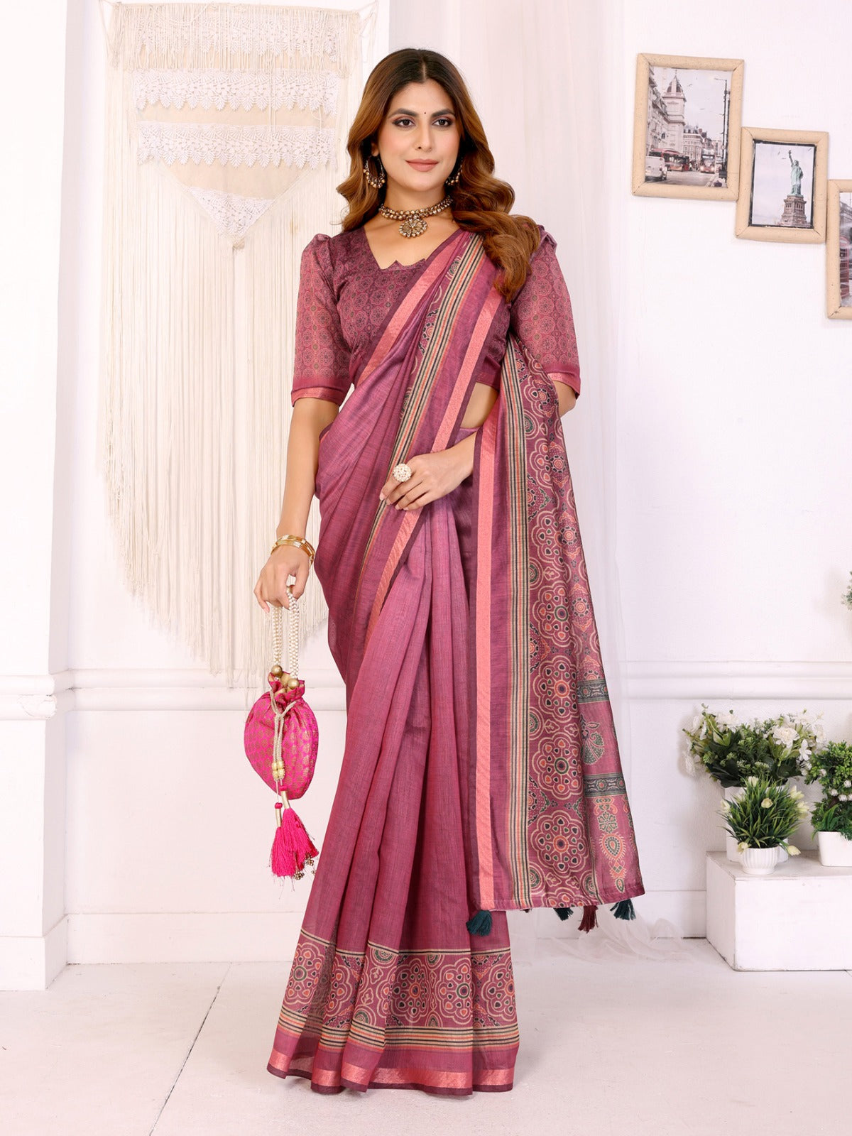 Rosewood Elegance Chanderi Saree with Ethnic Motif Border