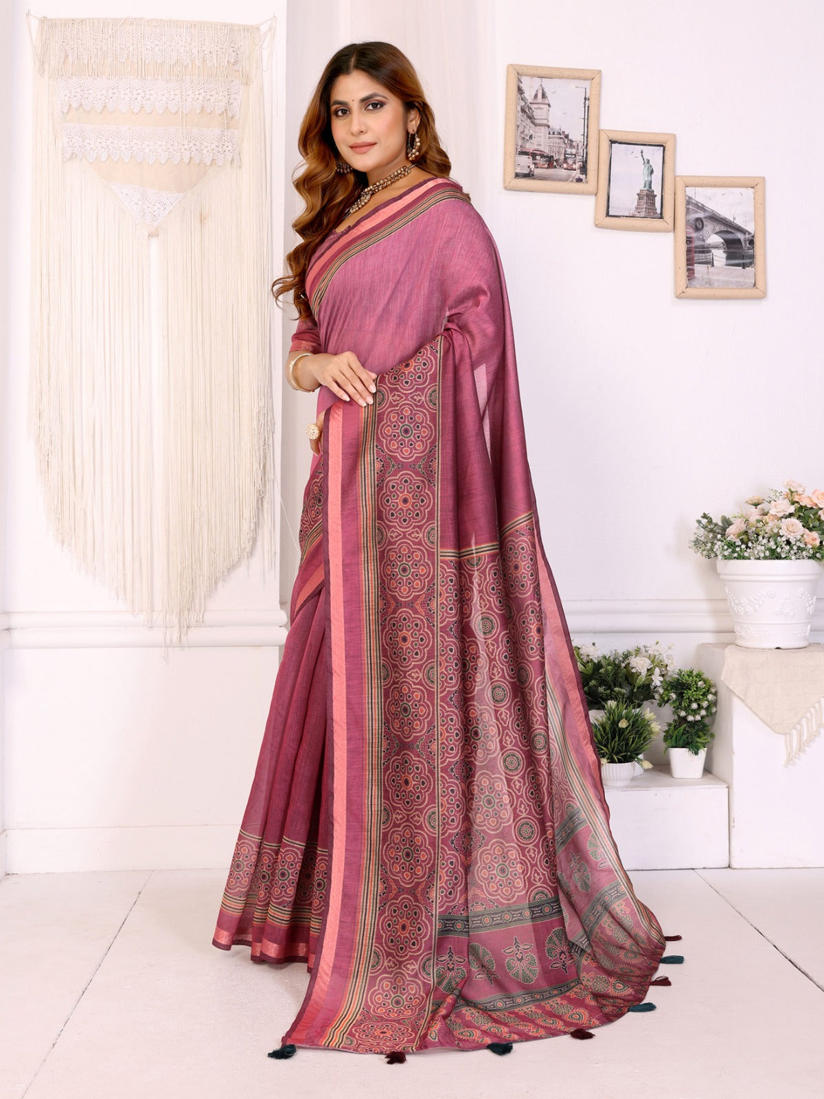 Rosewood Elegance Chanderi Saree with Ethnic Motif Border
