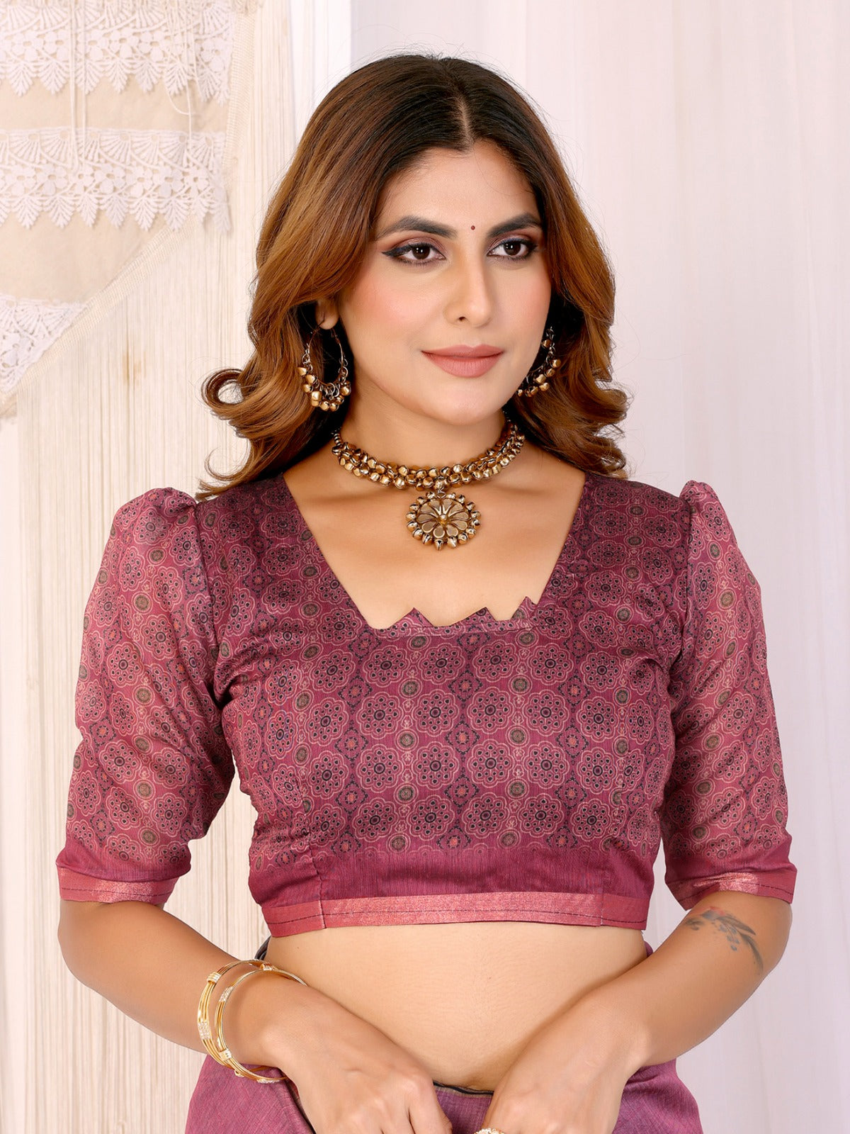 Rosewood Elegance Chanderi Saree with Ethnic Motif Border