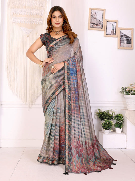 Rustic Multicolor Checks Chanderi Saree with Floral Border Detailing
