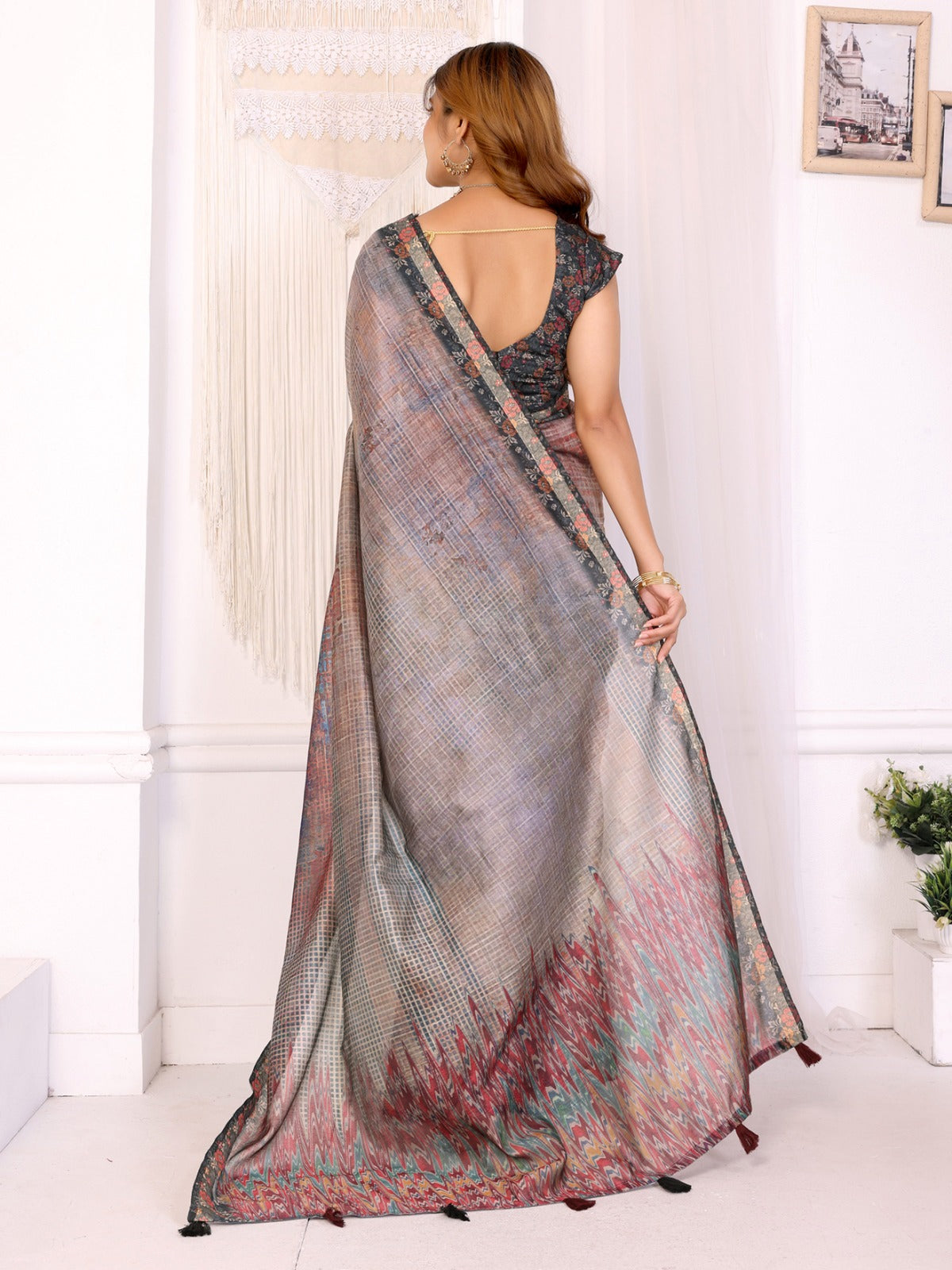 Rustic Multicolor Checks Chanderi Saree with Floral Border Detailing