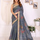 Grey Floral Printed Chanderi Saree