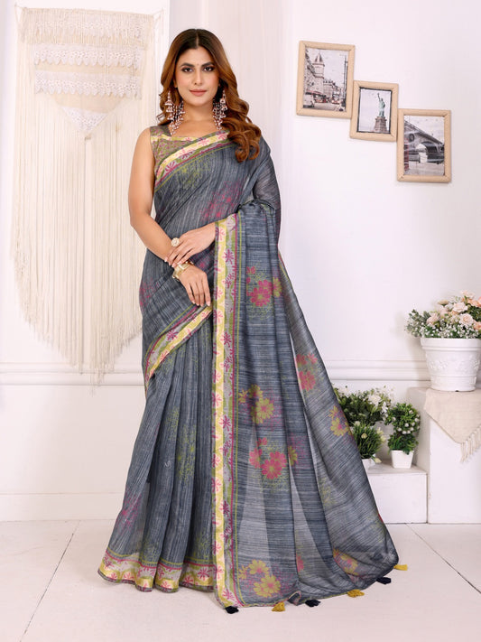 Grey Floral Printed Chanderi Saree