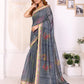Grey Floral Printed Chanderi Saree