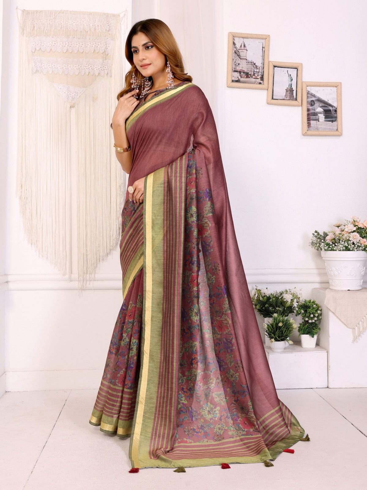 Maroon & Olive Floral Printed Chanderi Saree