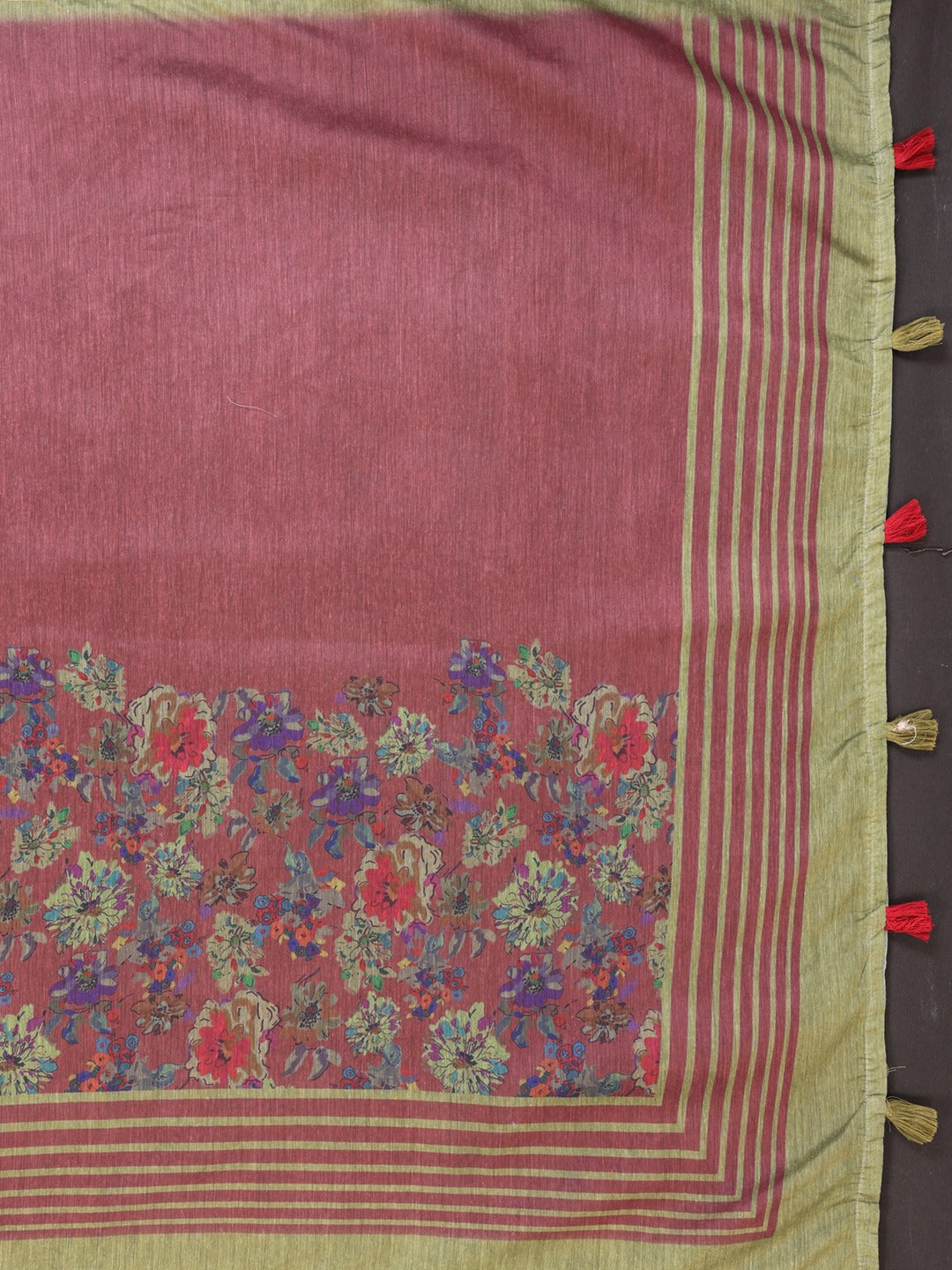 Maroon & Olive Floral Printed Chanderi Saree
