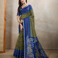 Olive Green & Blue Ikat Printed Chanderi Saree
