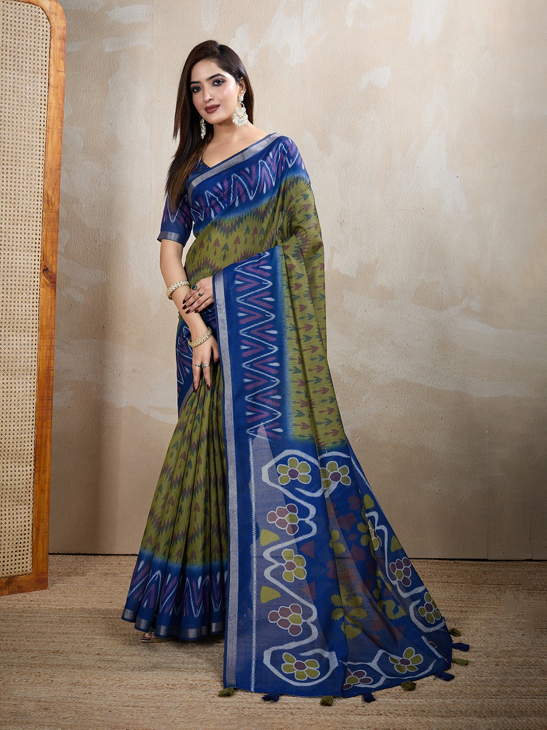 Olive Green & Blue Ikat Printed Chanderi Saree