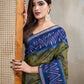Olive Green & Blue Ikat Printed Chanderi Saree