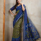 Olive Green & Blue Ikat Printed Chanderi Saree