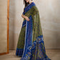 Olive Green & Blue Ikat Printed Chanderi Saree