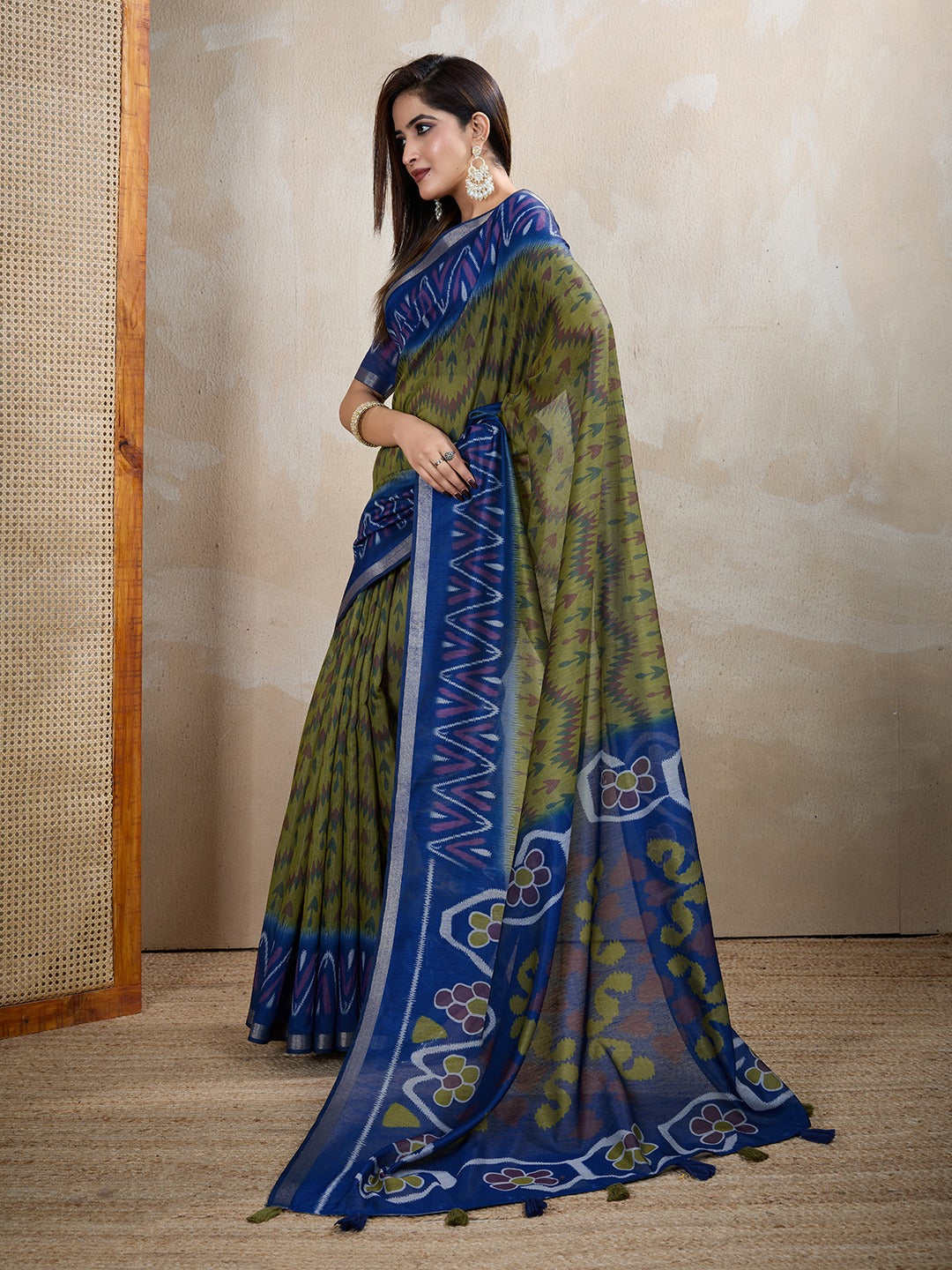 Olive Green & Blue Ikat Printed Chanderi Saree