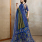 Olive Green & Blue Ikat Printed Chanderi Saree