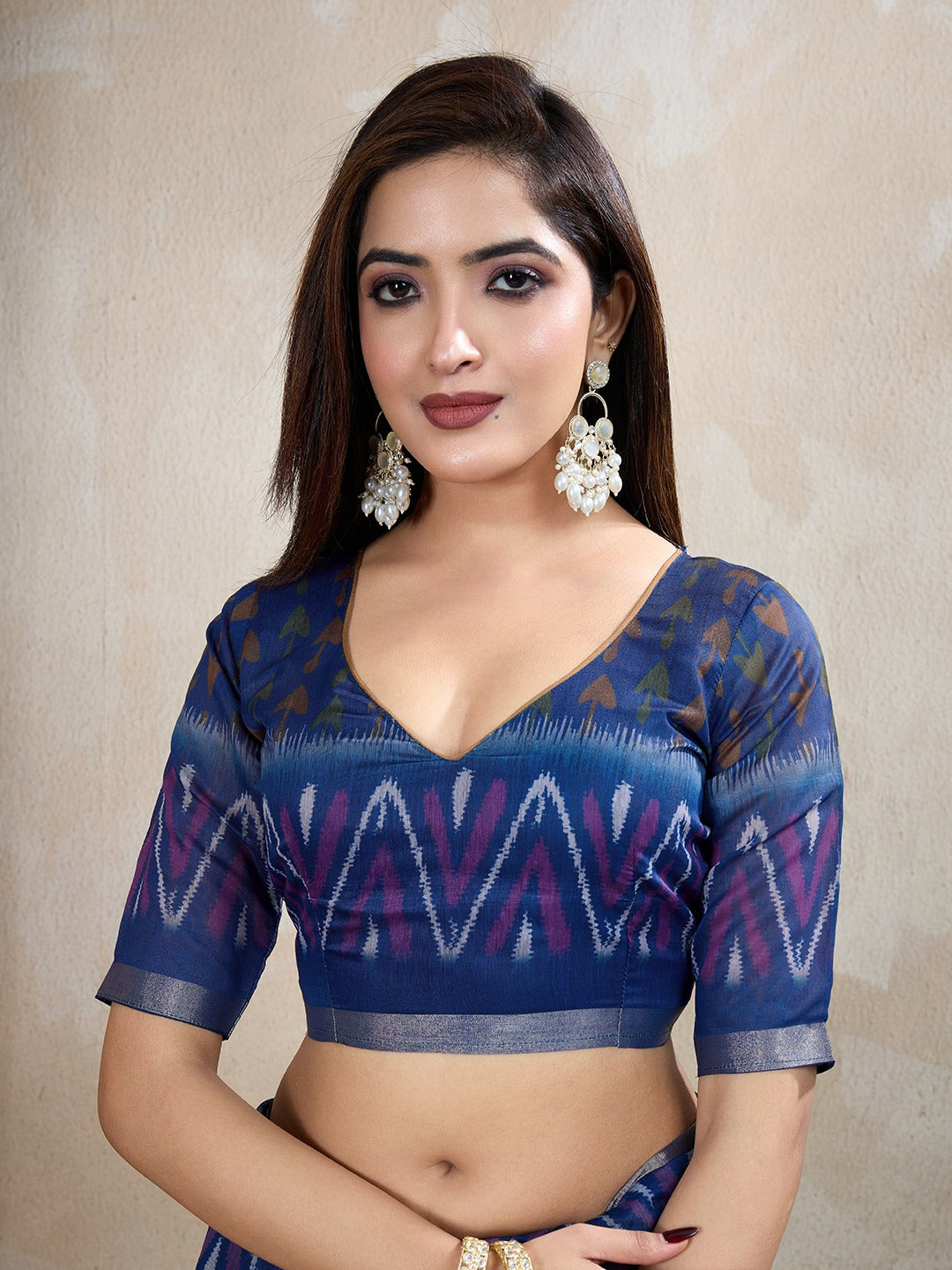 Olive Green & Blue Ikat Printed Chanderi Saree