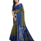Olive Green & Blue Ikat Printed Chanderi Saree
