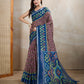 Brown & Blue Ikat Printed Chanderi Saree