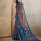 Brown & Blue Ikat Printed Chanderi Saree