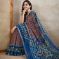 Brown & Blue Ikat Printed Chanderi Saree