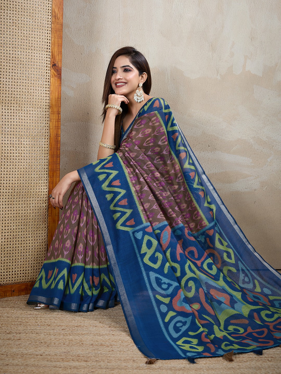 Brown & Blue Ikat Printed Chanderi Saree