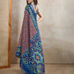 Brown & Blue Ikat Printed Chanderi Saree