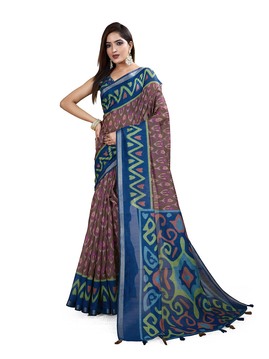 Brown & Blue Ikat Printed Chanderi Saree