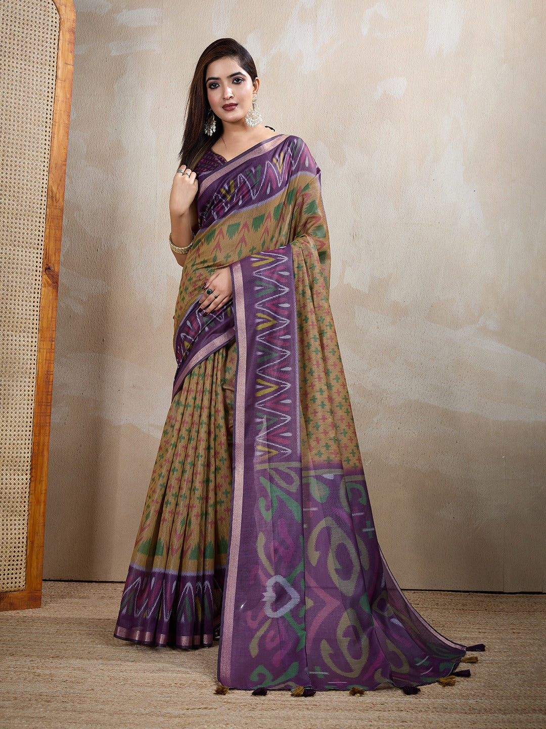 Olive & Purple Ikat Printed Chanderi Saree